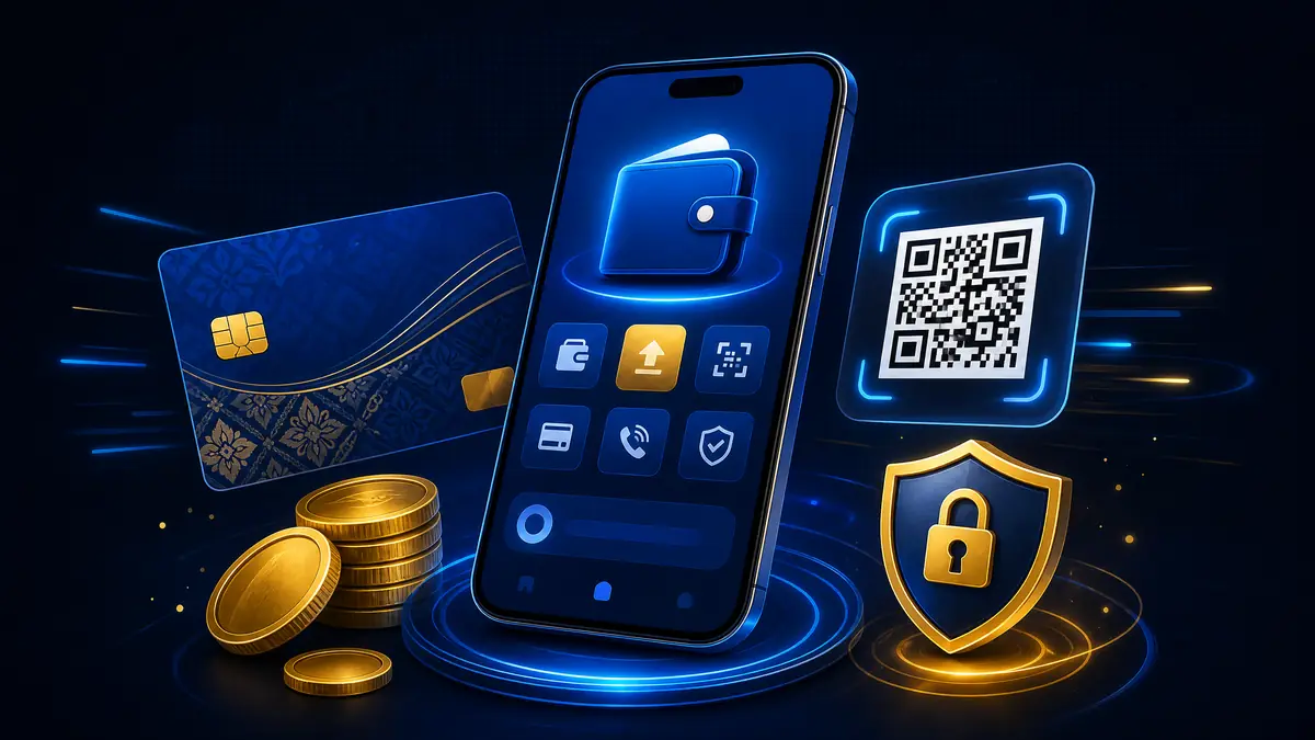 Ilustrasi metode pembayaran digital Koko5000: e-wallet, kartu bank, dan QRIS